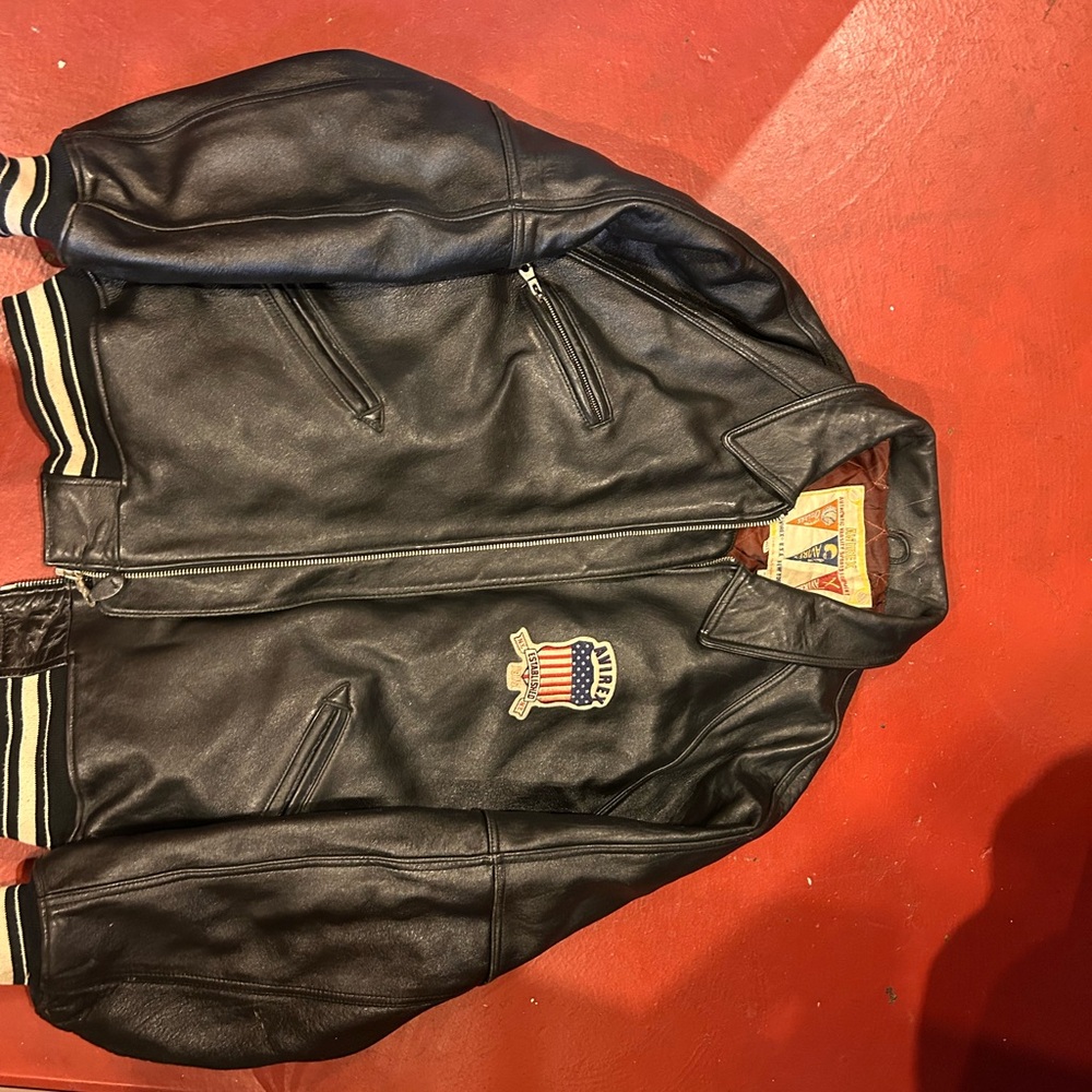 Avirex Black Leather Bomber Jacket with Embroidered Emblem